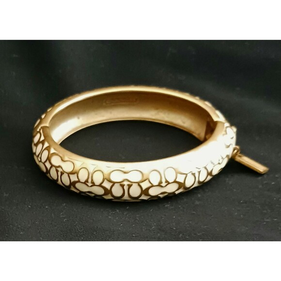 VTG Coach Cream/Gold C Logo Enamel Snap Clasp Bangle Bracelet Logo Charm Dustbag - Picture 2 of 10